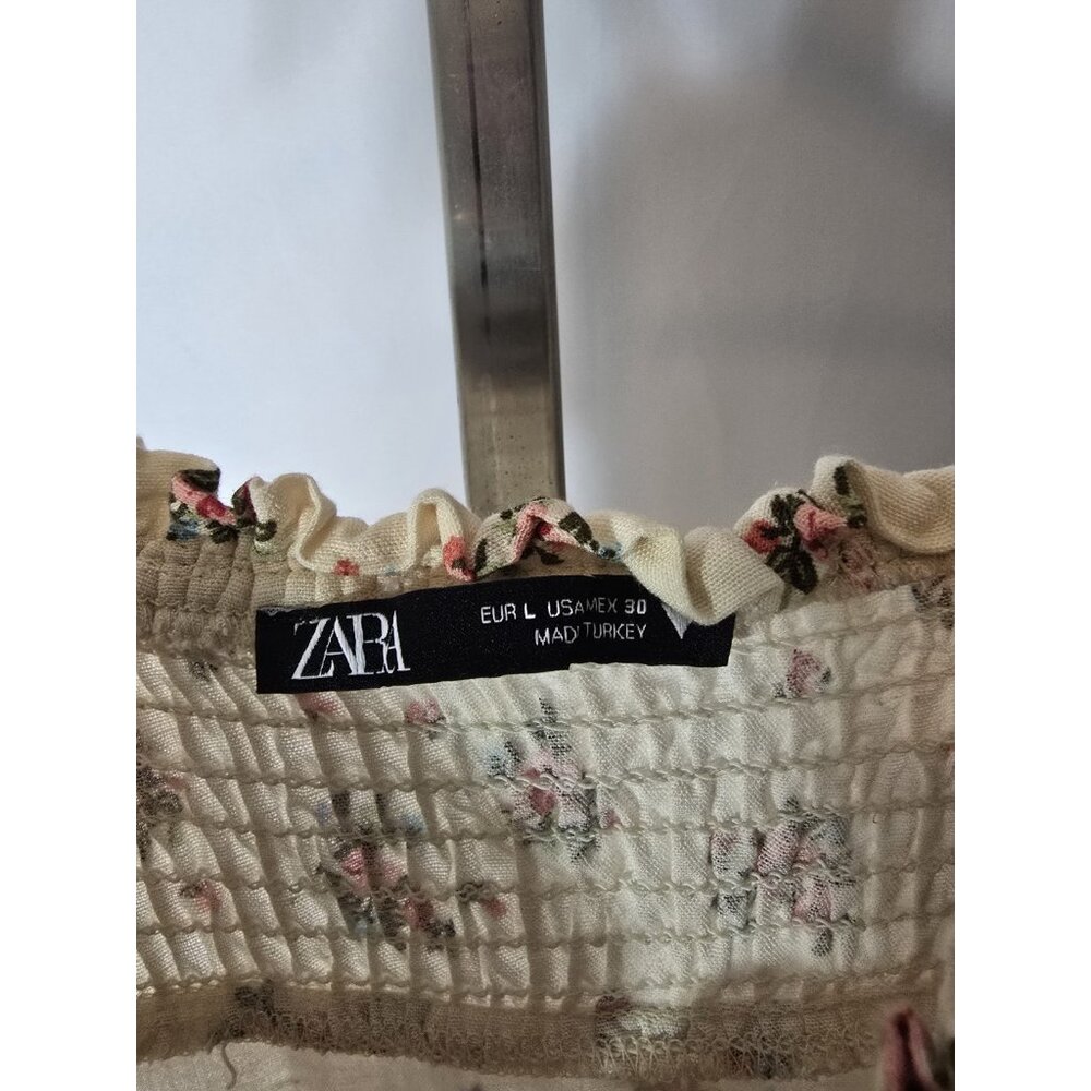 Zara Strapped Cream Linen Blend Floral Long Length Dress Size LARGE - Picture 5 of 13